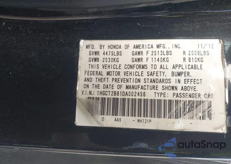 2013 Honda Accord Ex-L V-6 z USA, uszkodzony, nr VIN 1HGCT2B81DA002456